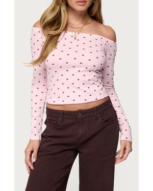 Edikted Leandra Polka Dot Off The Shoulder Stretch Cotton Top - Red
