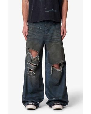 MNML Oil Stain Rave Ripped Relaxed Wide Leg Jeans - Black