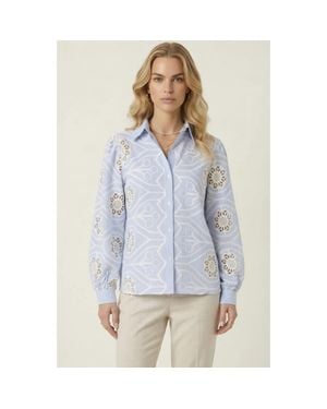Modenaire Striped Eyelet Button Down Shirt - Blue