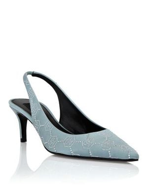Philipp Plein Satin Slingback Shoes Low Heels Monogram Strass - Blue