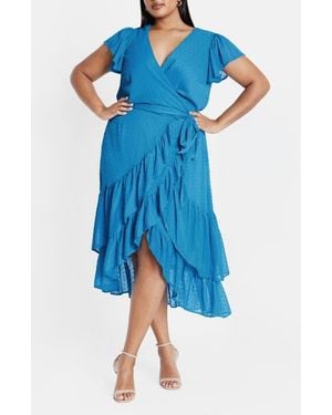 City Chic Dee Clip Dot Wrap Front Dress - Blue