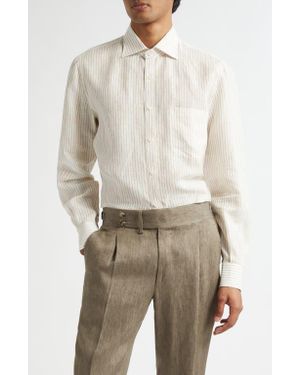 Isaia Superlino Stripe Linen Button-Up Shirt - Natural