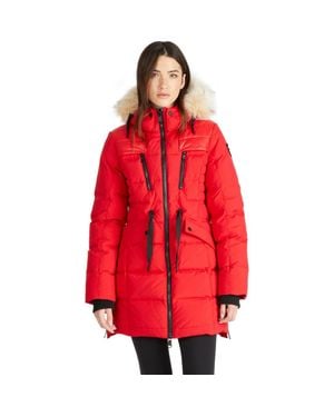 Pajar Alia Mixed Media Quilted Parka With Detachable Hood And Faux Fur Trim - Red