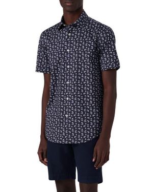 Bugatchi Miles Ooohcotton Tropical Print Short Sleeve Button-Up Shirt - Blue