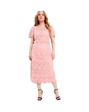 June + Vie Square-Neck Lace Midi Dress - Pink