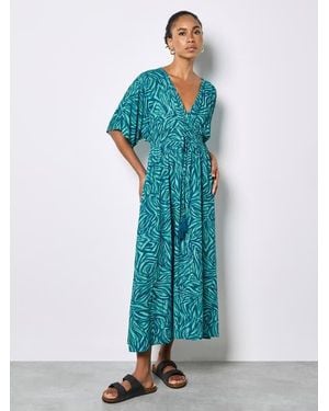 Apricot Zebra Swirl Tassel Detail Maxi Dress - Blue