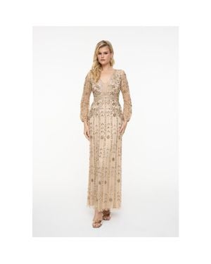 Beauut Embellished Sequin Beaded Maxi Dress With Designer Sleeves - Natural
