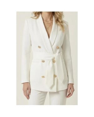 Modenaire Double Breasted Blazer With Buttons And Waist Tie Detail - White