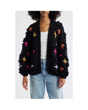 Roffe Accessories Embroidered Chunky Open Front Cardigan - Black