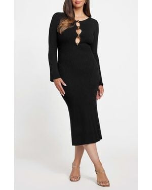 Marciano Agathe Cutout Detail Long Sleeve Rib Midi Dress - Black