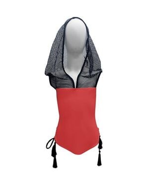 NESSI BYRD Sport Mesh Hooded With Tassel Side-Ties One-Piece Swimsuit - Red