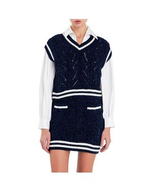 English Factory Stripe Trim Chenille Sweater Vest - Blue