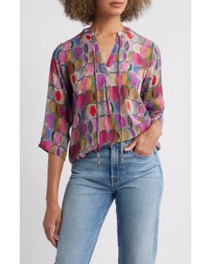 Apny Print Tassel Split Neck Chiffon Top - Blue