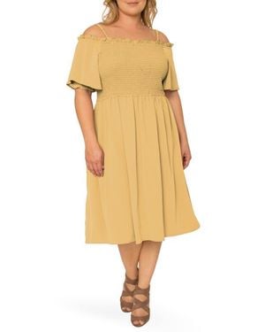 Standards & Practices Gabi Cold Shoulder Smocked Midi Dress - Yellow