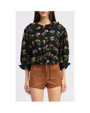 JACQUIE THE LABEL Lia Embroidered Ruffle Peplum Button-Up Shirt - Black
