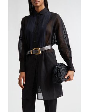Eleventy Tunic Cotton Gauze Button-Up Tuxedo Shirt - Black