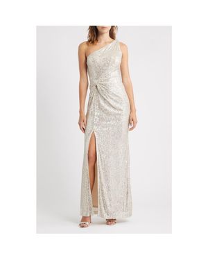 Eliza J Sequined One Shoulder Gown in Brown | Lyst