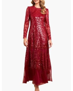 Needle & Thread Aurora Long Sleeve Round Neck Gown - Red