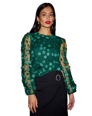 Yumi' Long Sleeve Sheer Floral Top - Green