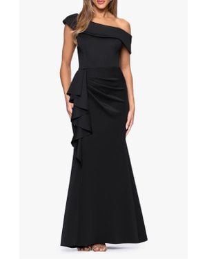 Xscape Evenings Ruffle One-Shoulder Scuba Knit Gown - Black