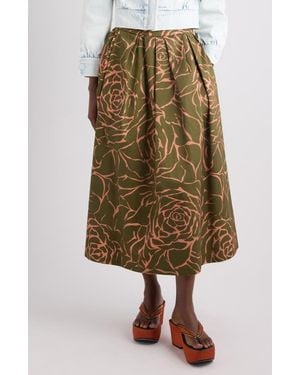 Dries Van Noten Soni Giant Couture Rose Print Pleated Cotton Poplin A-Line Midi Skirt - Natural