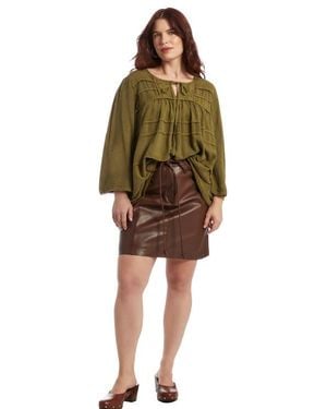 June + Vie Acid Wash Peasant Blouse - Green