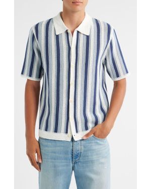 Wax London Porto Stripe Short Sleeve Cotton Blend Button-Up Shirt - Blue