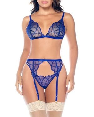 MAPALE Embroidered Mesh Bra, Thong & Garter Belt Set - Blue