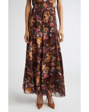 Lela Rose Floral Chiffon A-Line Maxi Skirt - Brown