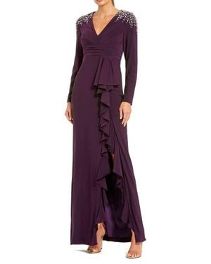 Mac Duggal Long Sleeve Gown With Cascading Ruffle & Rhinestone Shoulders - Purple