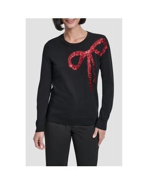 DKNY Sequin Bow Embellished Crewneck Sweater - Black