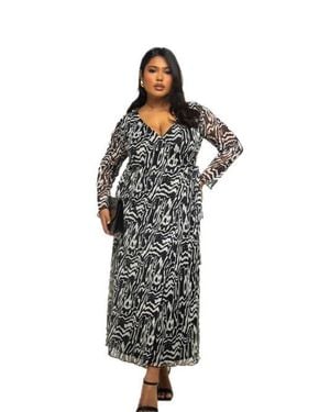 FASHION-SZN CURVE Long Sleeve Monochrome Print Midi Dress - Black