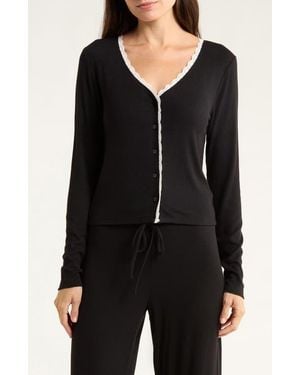Open Edit Daydream Lace Trim Rib Button-Up Lounge Top - Black