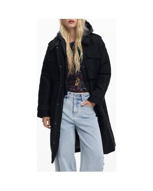 Desigual Padded Longline Trench Coat With Removable Hood - Black