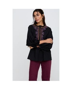 Raffya Anai Half Placket Embroidered Blouse - Black