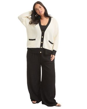 June + Vie Contrast V-Neck Cardigan - White