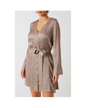Marciano Britney Logo Print Long Sleeve Satin Shirtdress - Brown