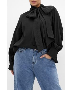 City Chic Kelsey Bow Neck Long Sleeve Crepe Top - Black