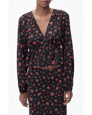 Mango Floral Tie Front Top - Black