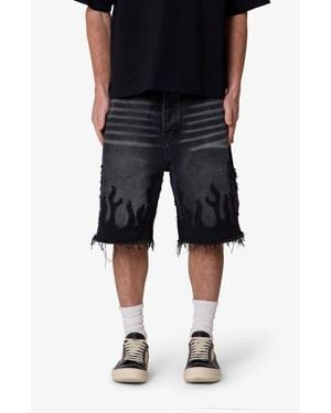 MNML Flame Rip & Repair Denim Shorts - Black