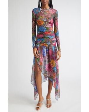Area Crystal Embellished Floral Long Sleeve Tulle Midi Dress - Red