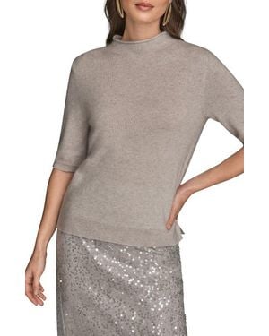 Donna Karan Elbow Sleeve Wool & Cashmere Mock Neck Sweater - Gray