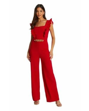 Quiz Scuba Crepe Frill Sleeve Chain Belt Palazzo Jumpsuit - Red