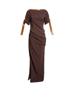 Ferragamo Leather Trim Jersey Maxi Dress - Brown