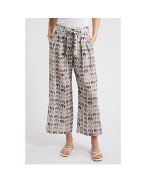 Apny Print Tie Waist Crop Wide Leg Pants - White