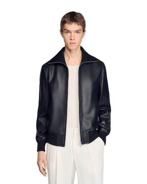 Sandro Zipped Leather Jacket - Blue