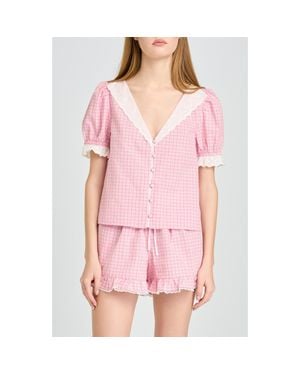Wayf Emma Eyelet Trim Plaid Button-Up Top - Pink
