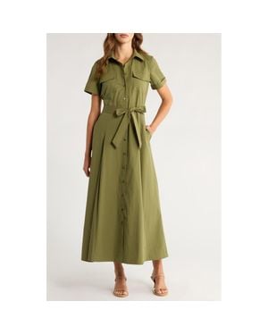 Ted Baker Box Pleat Tie Belt Cotton Maxi Shirtdress - Green