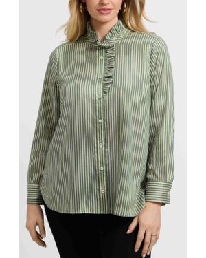 Foxcroft Sadie Stripe Ruffle Button-Up Shirt - Green