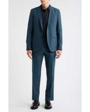 John Varvatos Varick Slim Fit Glen Plaid Slub Wool & Linen Blend Suit - Blue